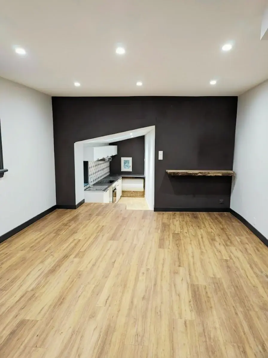 Salon d'appartement après travaux : murs blancs et mur anthracite, plafond repeint